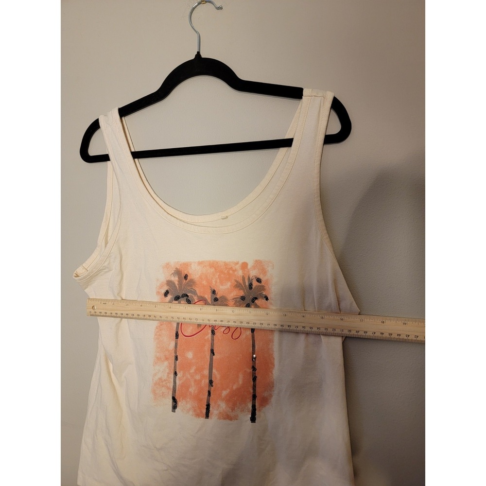 Guess Tank Top Womens Sz XL White Palm Tree‎ Sky Rhinestone Graphic Scoop Neck - Picture 3 of 8